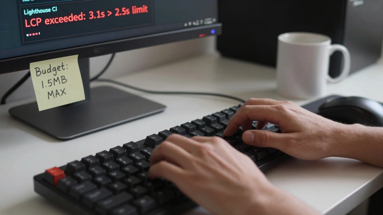 Developer&#039;s hands typing as a Lighthouse CI error appears on a monitor.