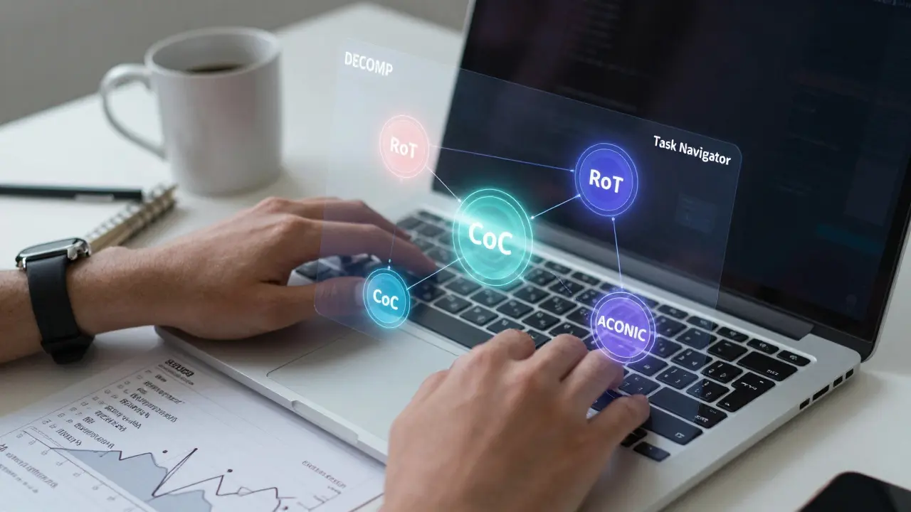 Developer's hands with holographic task decomposition nodes glowing above a laptop.
