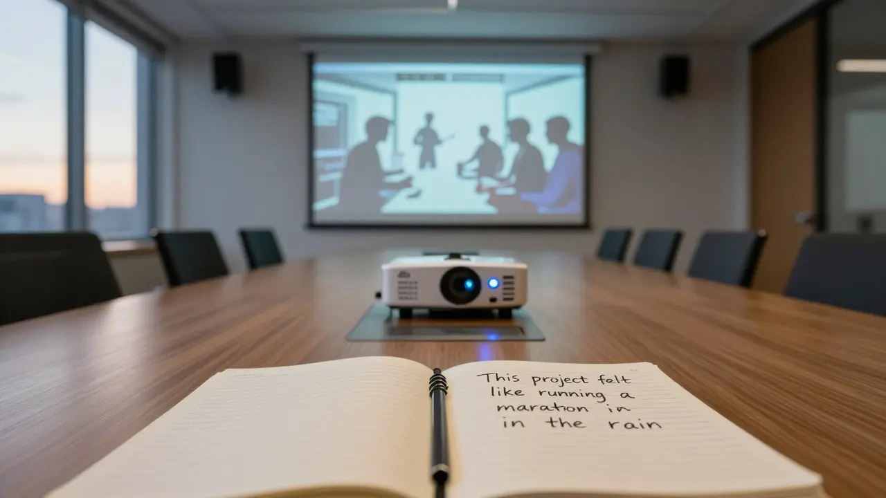 Empty conference room at dawn with VR demo projected on wall and handwritten note about project struggle.