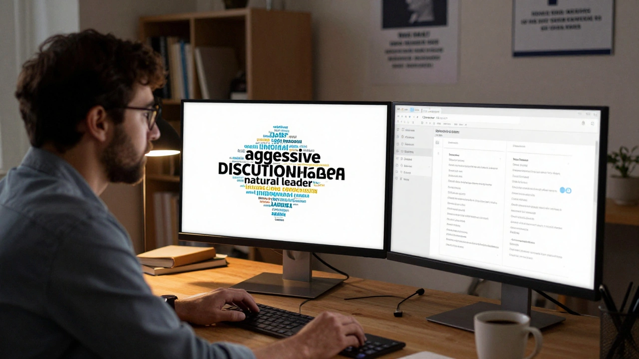 Engineer and anthropologist reviewing biased hiring language and anonymized resumes on dual monitors.