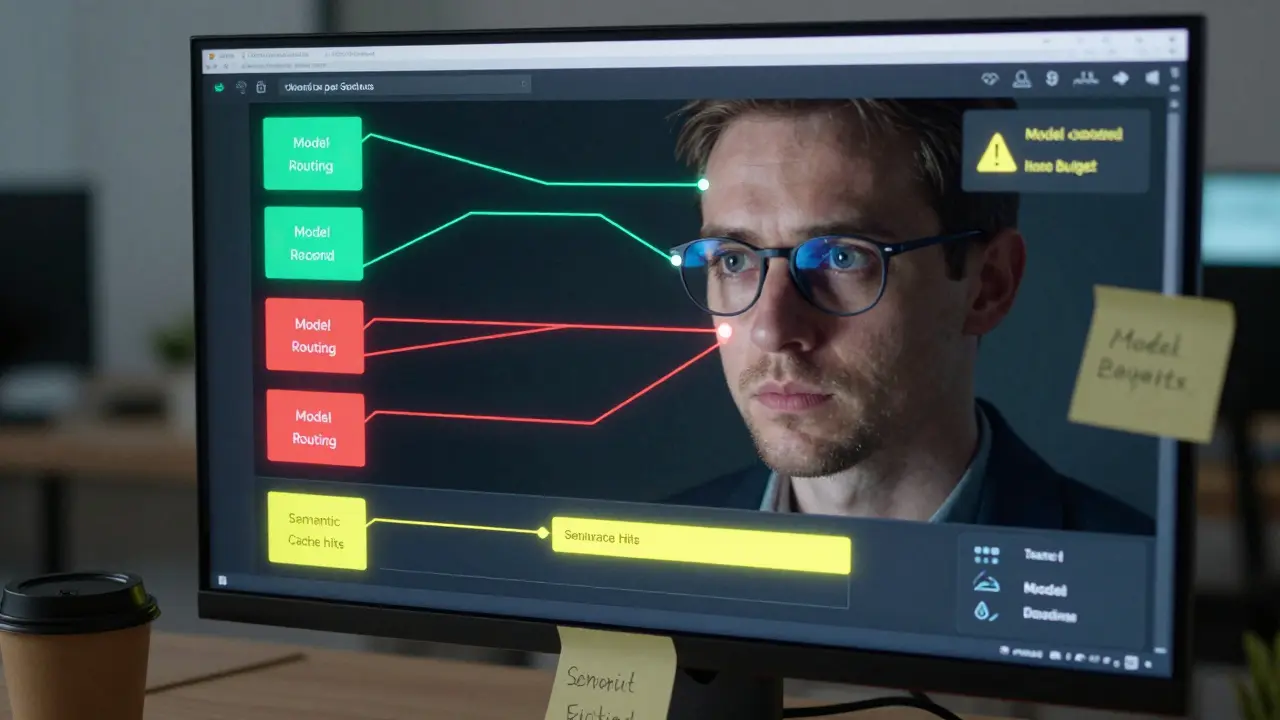 Engineer viewing a cloud cost dashboard with real-time AI metrics and budget alerts.