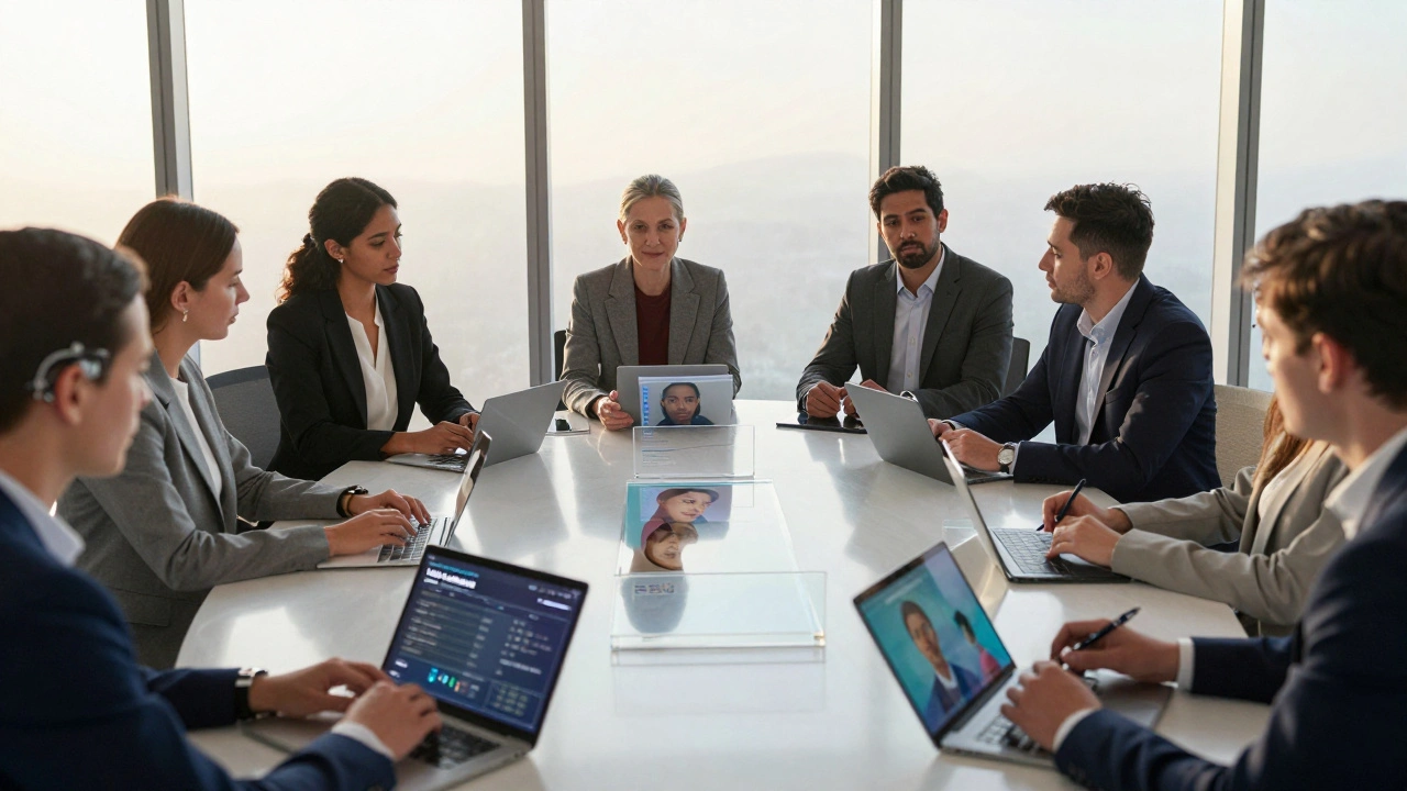 Global team reviewing AI ethics dashboards during a meeting with Model Cards and fairness tools visible.