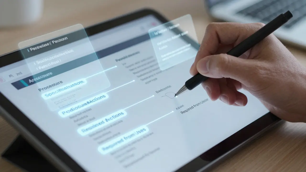 Hand annotating a detailed AI playbook with glowing sections on a transparent tablet.