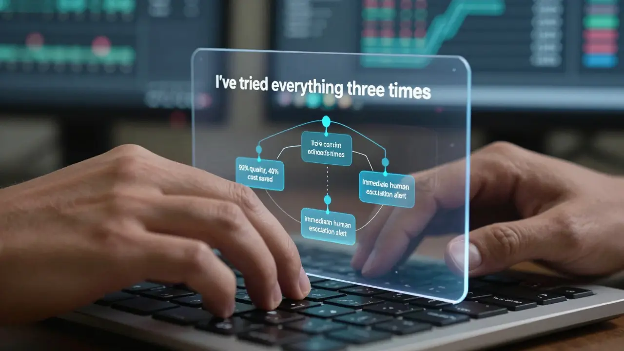 Hand typing as an AI system detects emotional cues and triggers human escalation.