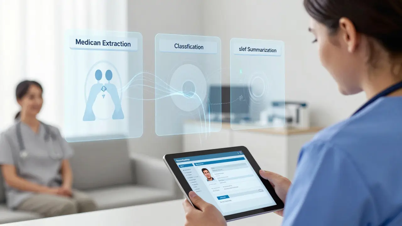 Healthcare worker viewing a patient summary with three floating decomposed steps behind.