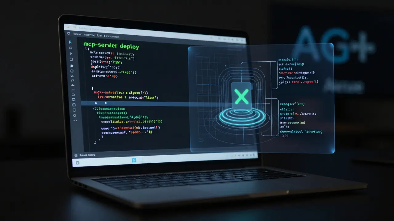 Laptop screen showing successful deployment of AI code into production with security layers applied in a dark room.