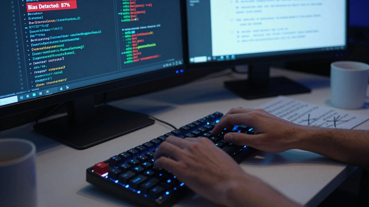 Prompt engineer's hands typing on a keyboard with dual monitors showing hallucination alerts and refined text.