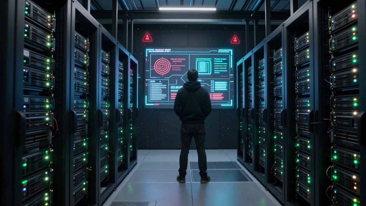 Server room with glowing GPUs and a security specialist facing a holographic display of LLM threats.