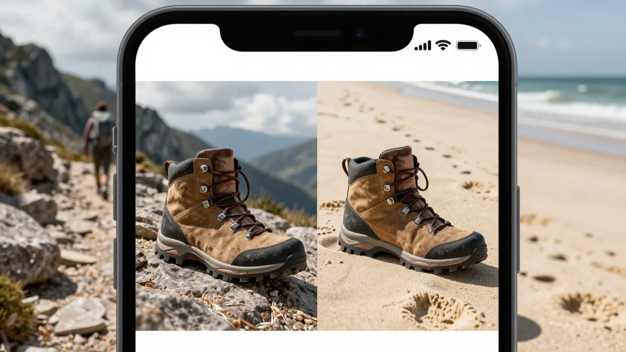 Smartphone screen showing two AI-generated images of hiking boots — one on a trail, one on a beach.