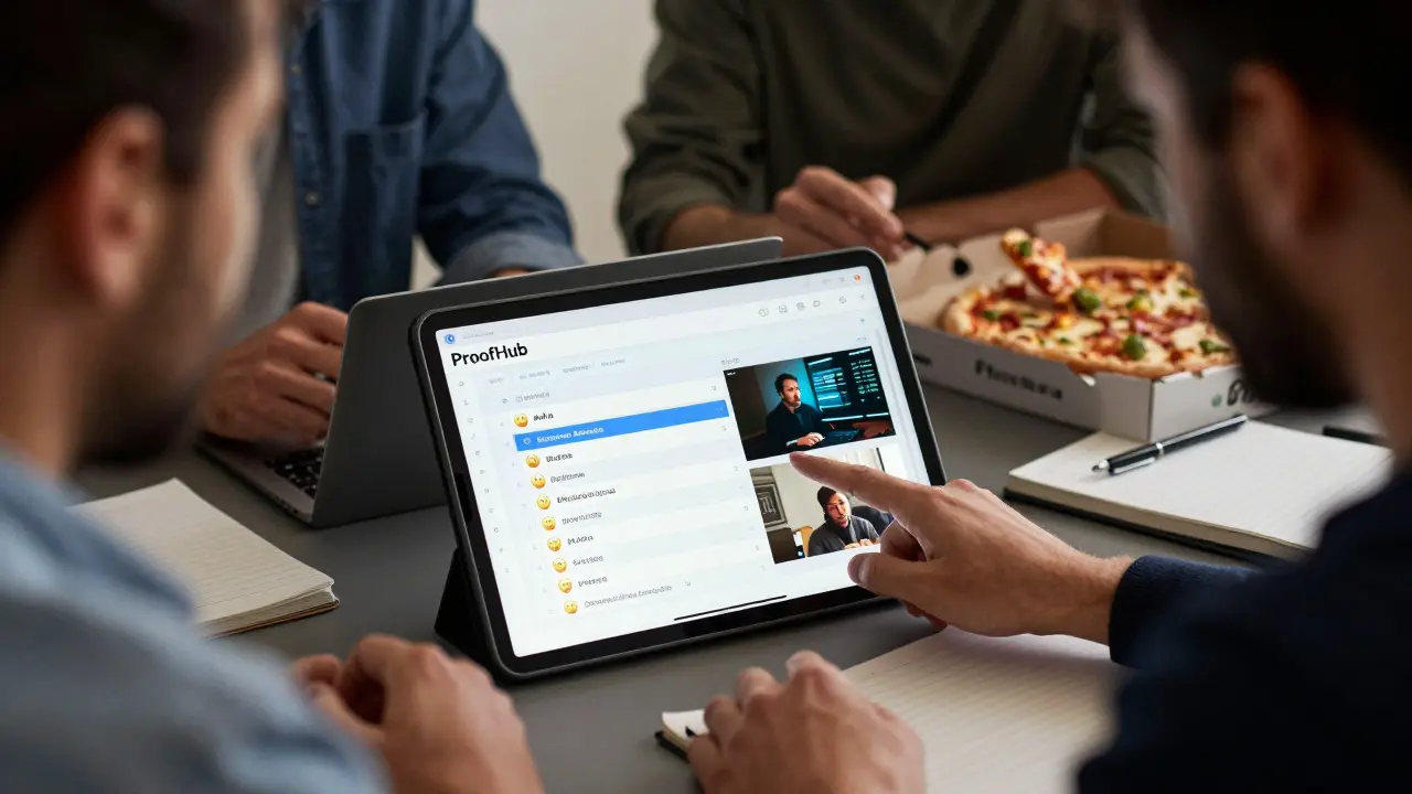 Team gathered around tablet viewing emotional project tags and video snippets with pizza boxes nearby.
