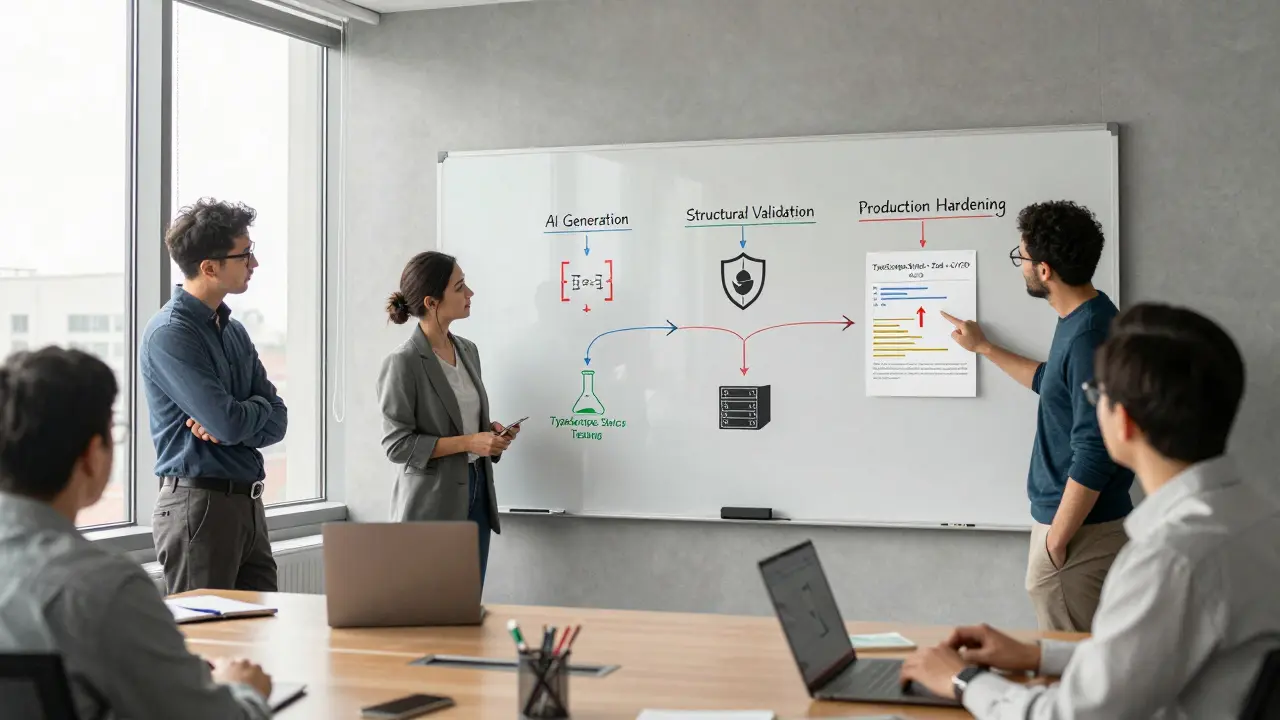 Team reviewing a whiteboard with the four-stage migration path for AI-generated code in a modern tech office.