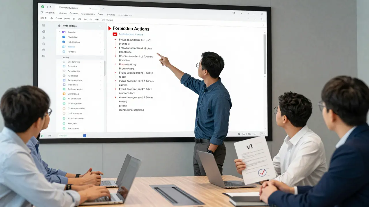 Team reviewing version-controlled AI documentation on a digital wall in a modern office.