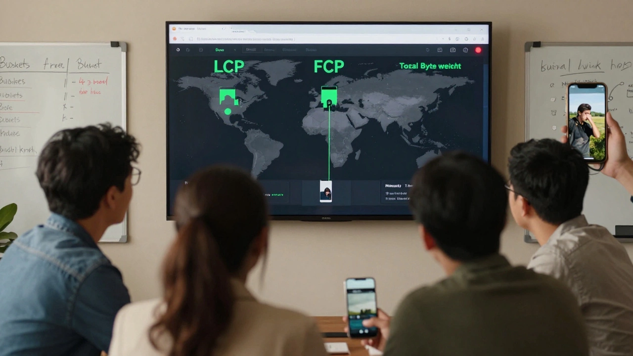 Team watching real-time performance metrics on a wall display with global user data.