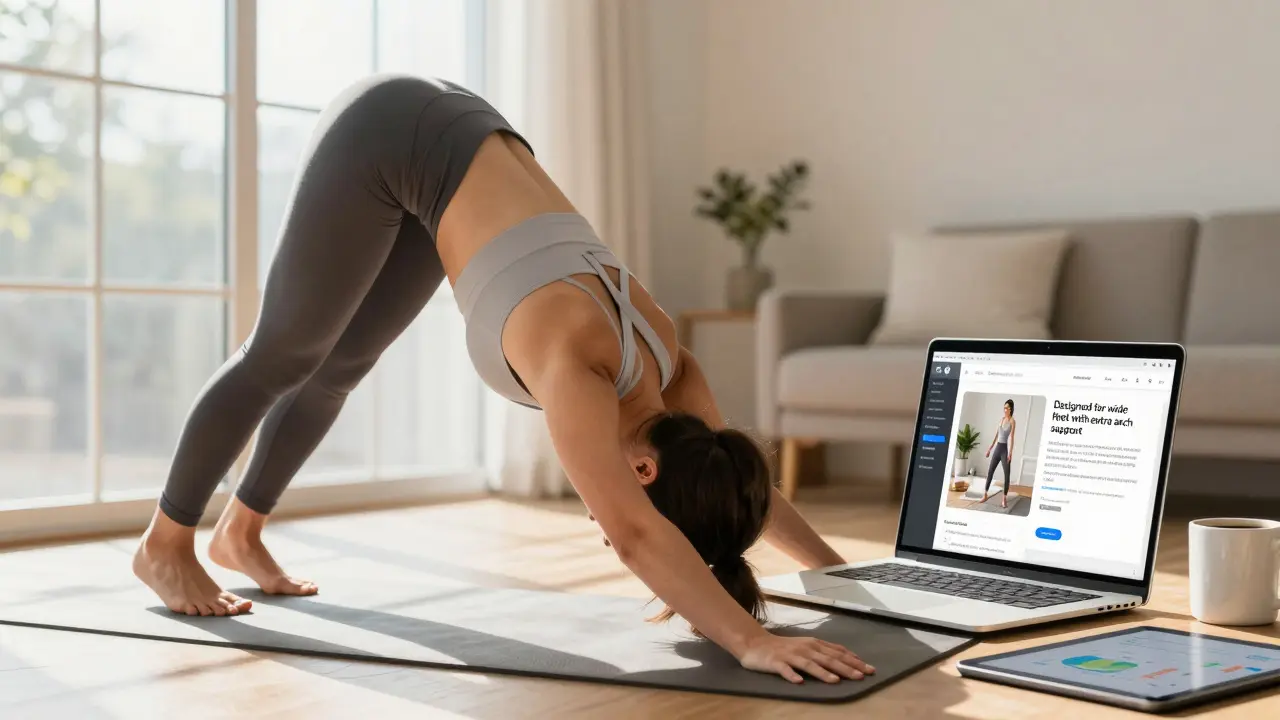 Woman in yoga pants stretching in a sunlit home, laptop reflecting a personalized product page.