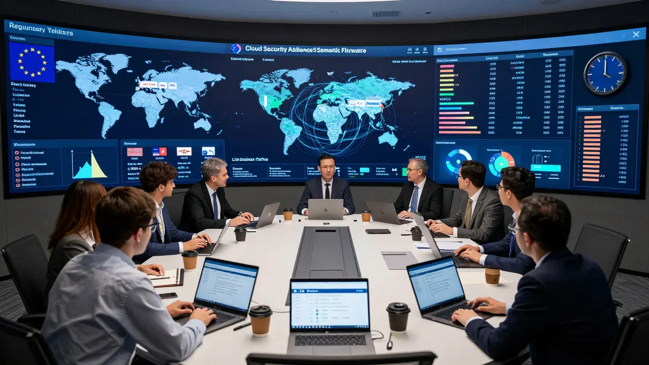 A compliance team in a war room surrounded by live regulatory dashboards and LLM security analytics.