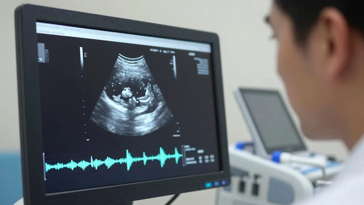 A doctor watches an ultrasound video with aligned medical notes floating beside it, under soft clinical lighting.