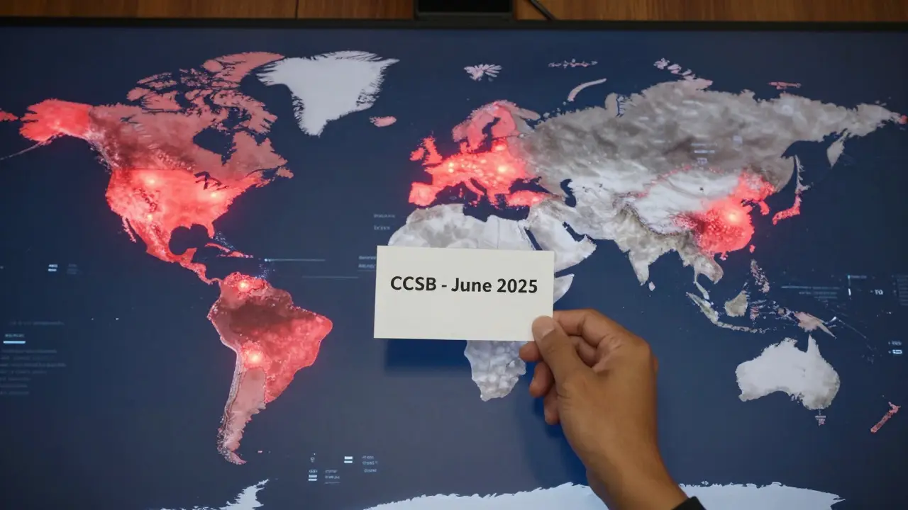 A global map with red safety benchmark hotspots over the West, and faint test prompts floating over underrepresented regions.