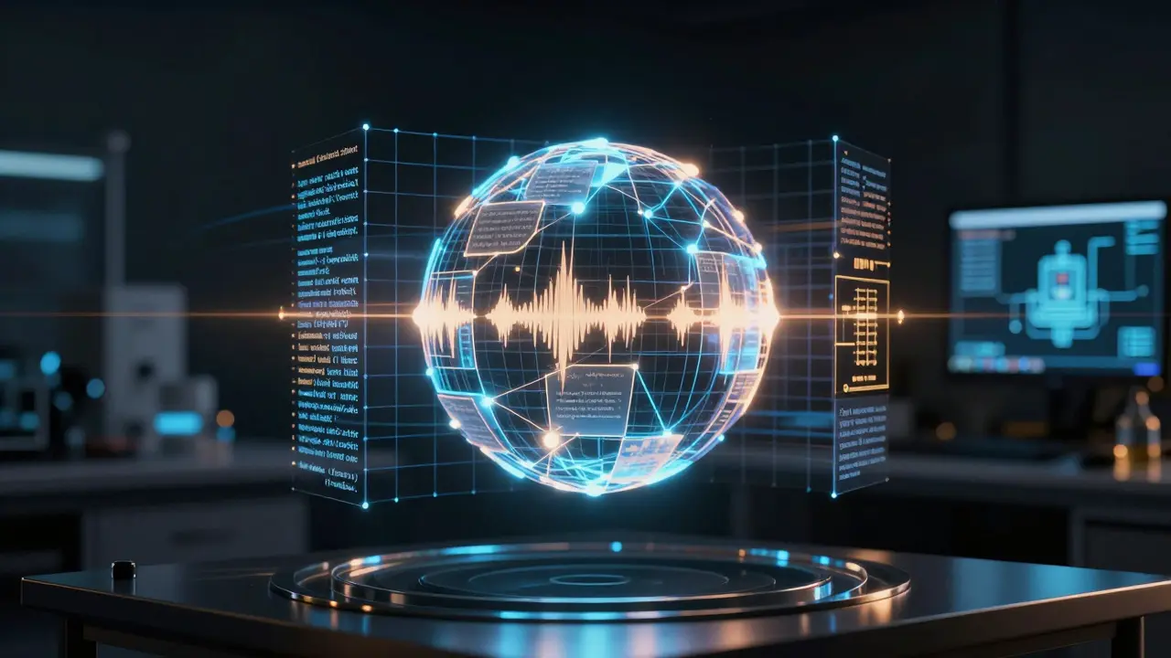 A glowing 3D grid of text, audio, and video embeddings fuses into a unified sphere in a dark lab environment.