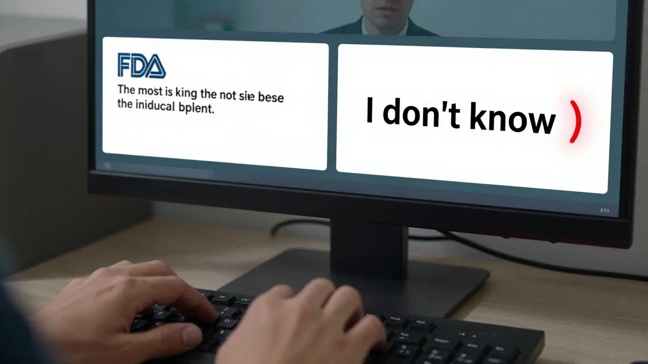 A keyboard with two screen outputs: one showing a confident lie, the other a cautious 'I don't know' response.