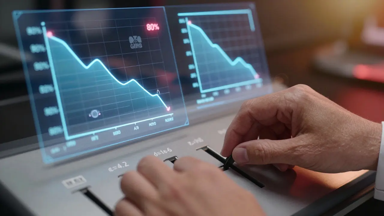 A researcher adjusts privacy settings on a holographic interface with accuracy graphs floating nearby.