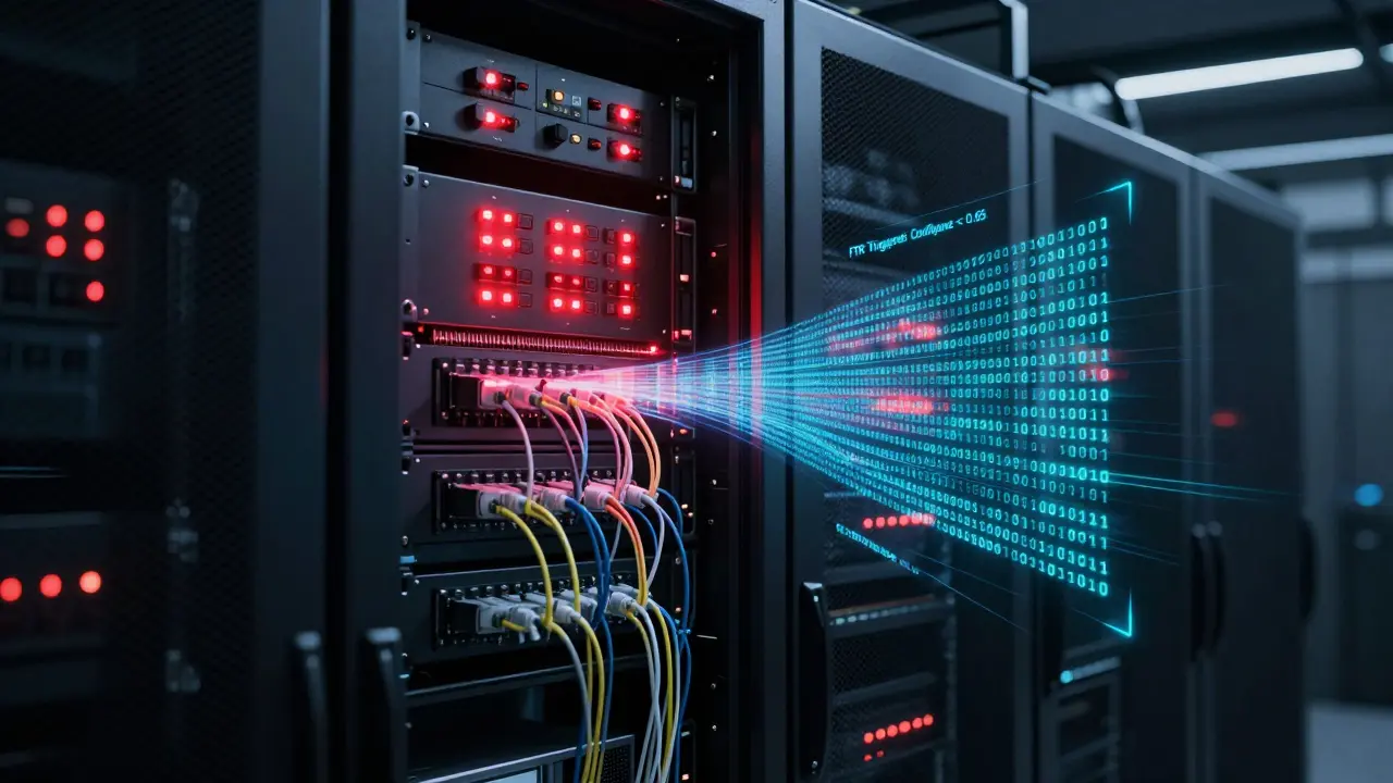 A server rack with glowing LEDs and binary code transforming into corrected data structures.