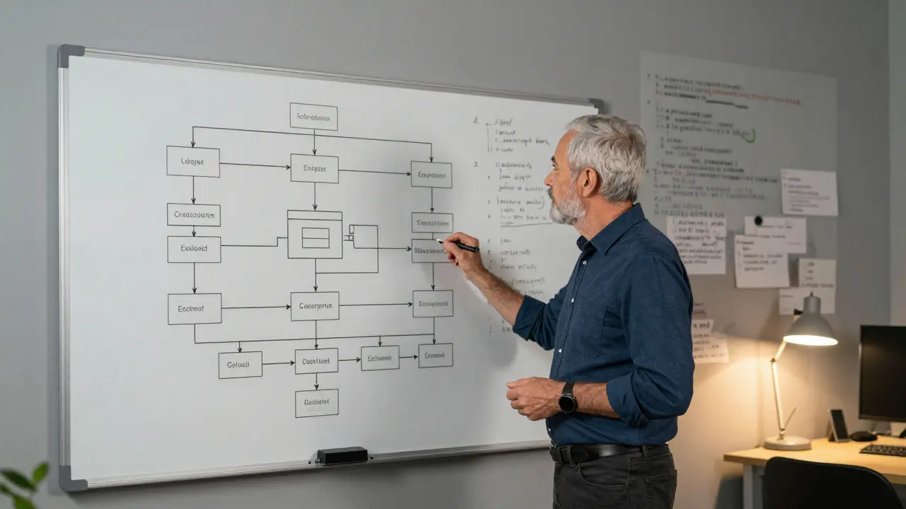 Architect standing before a clean system diagram on whiteboard, messy code blurred in background.
