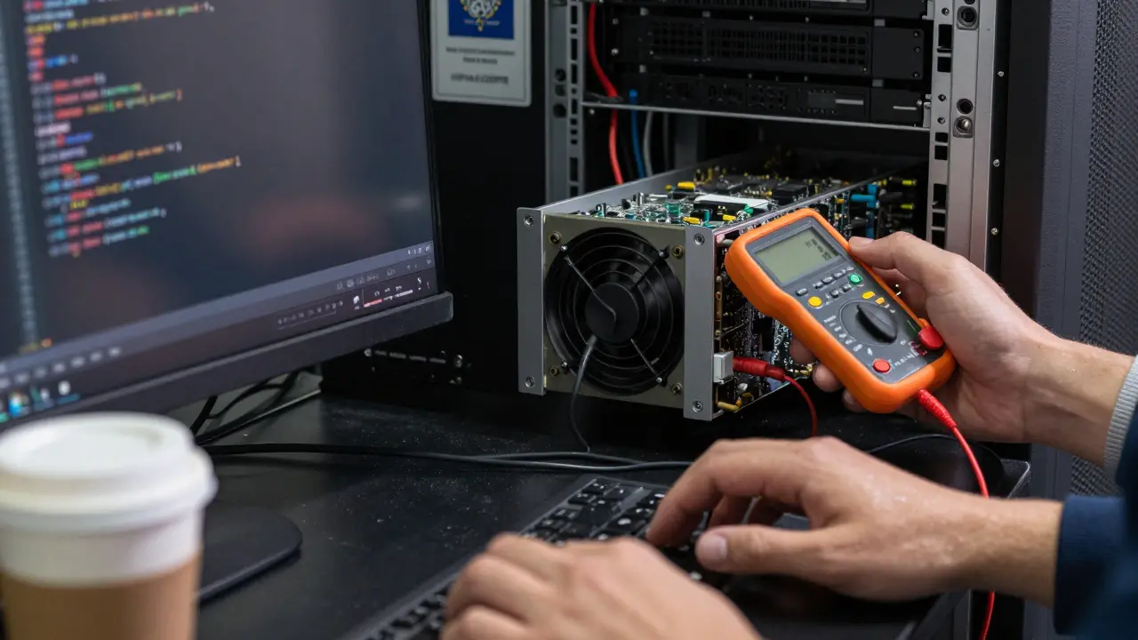 Contrasting hands: one using a laptop for API access, the other managing a server with GPU and compliance badge.