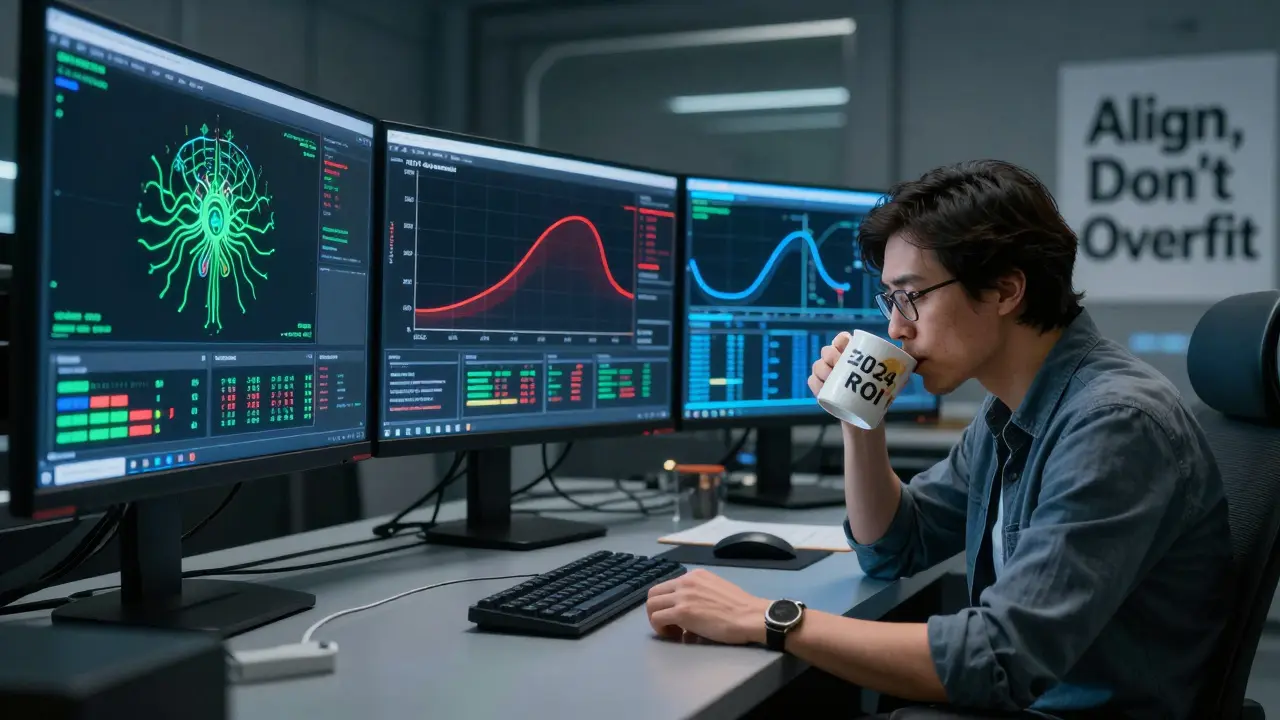 Control room with multiple AI training metrics and a weary data scientist.