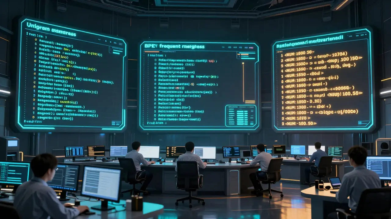 Control room with three digital panels displaying different tokenizer methods, glowing with neon lights, engineers analyzing data streams.