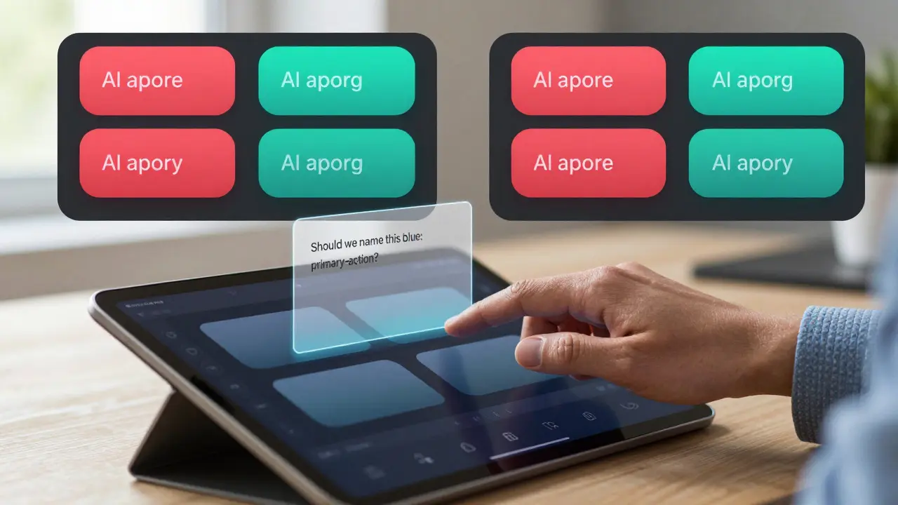 Designer's hand interacting with AI suggestions for design tokens on a tablet.