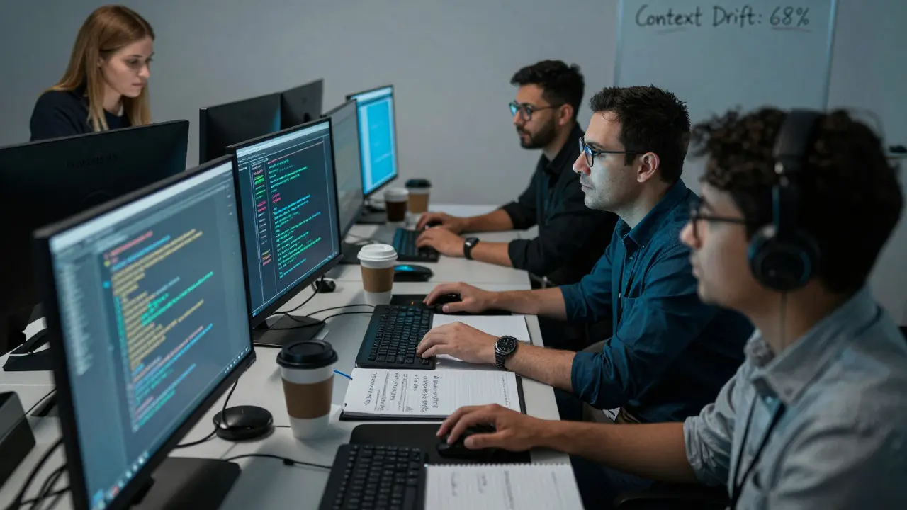 Diverse human reviewers in a dim lab intensely analyzing LLM outputs on monitors, surrounded by risk notes and alerts.