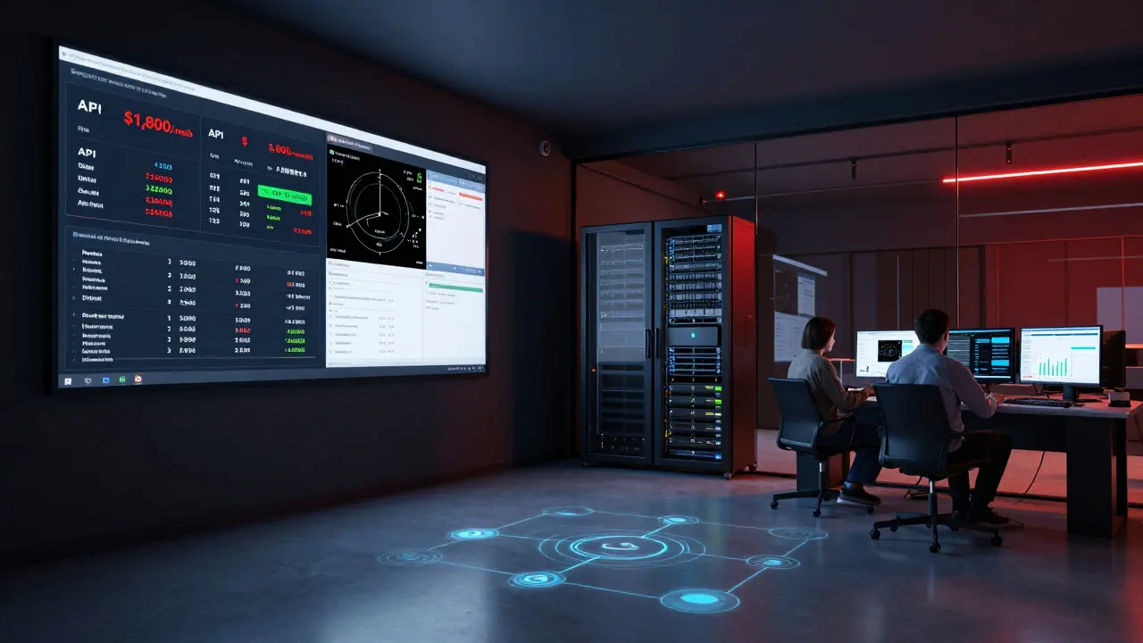 Enterprise data center with dual systems: high-cost API monitoring on one side, efficient open-source model on the other.