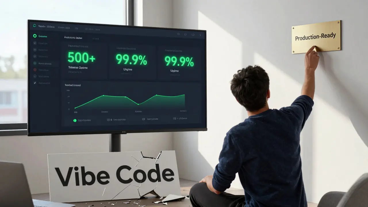 Founder watching a smooth performance dashboard as a 'Vibe Code' sign breaks beneath their feet.
