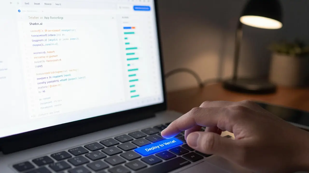 Hand clicking 'Deploy to Vercel' as TypeScript code and live UI preview appear side by side on screen.