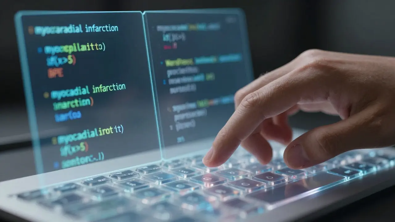 Hand hovering over a holographic keyboard showing code and medical terms, with split-screen visualization of tokenization methods.