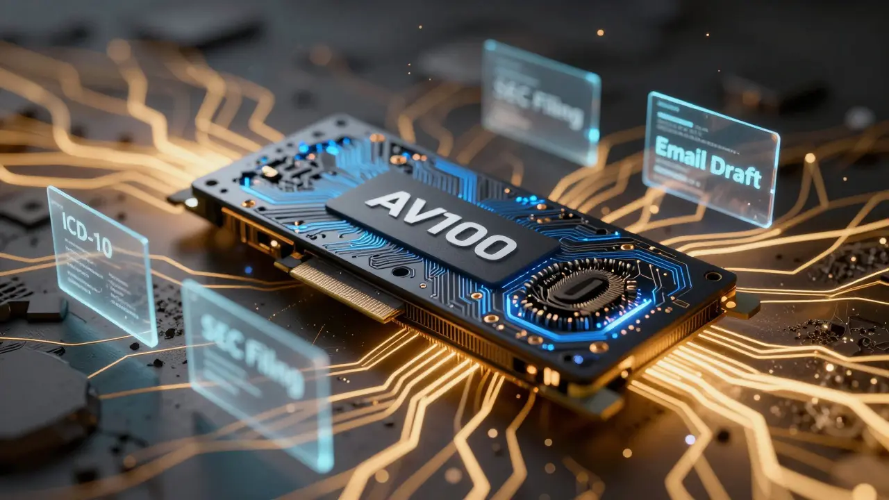 High-end GPU with floating data fragments representing task-specific and instruction-tuned AI capabilities.