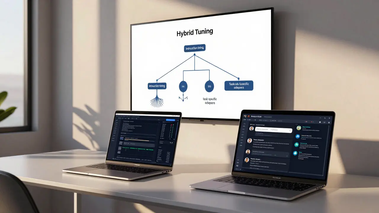Modern workspace with two laptops showing different AI models, symbolizing hybrid tuning under natural light.