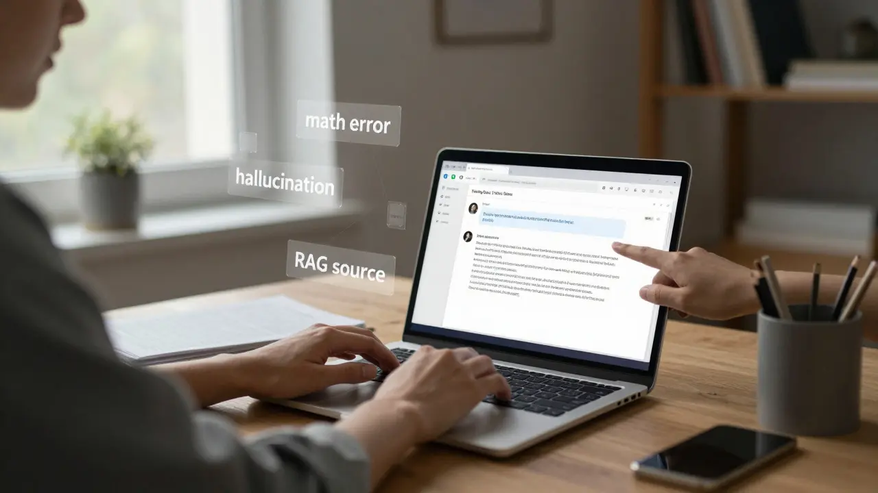 Person typing at laptop with floating text fragments about LLM limitations