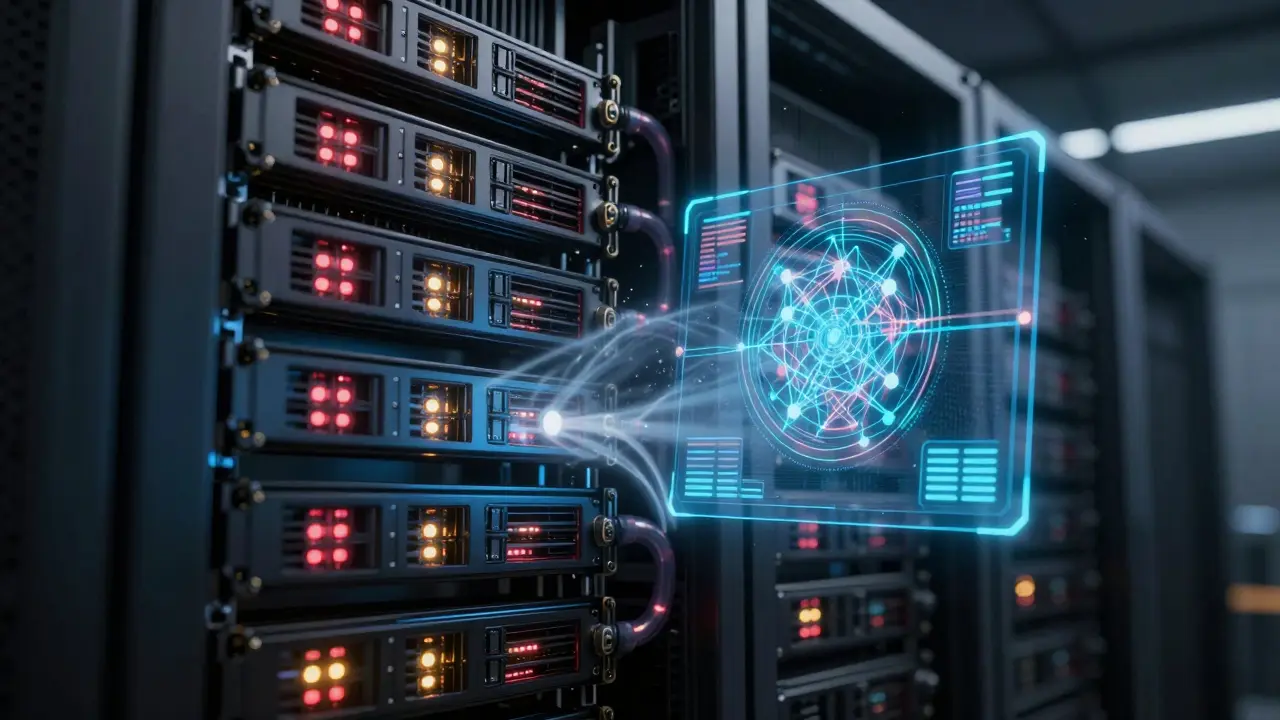 Server rack with glowing GPUs and holographic attention matrix in a data center