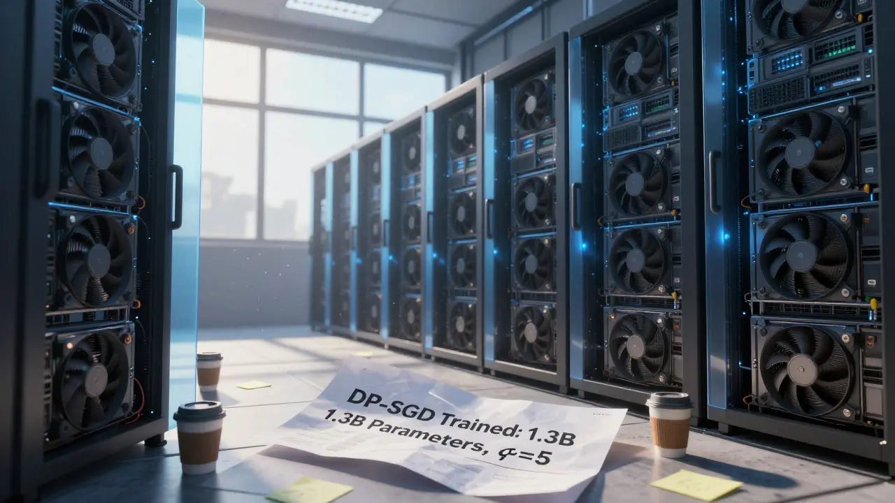 Server racks emit privacy shields as a printed DP-SGD training record lies on a desk in a dim data center.