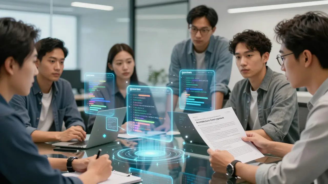 Team meeting with holographic code modules and architecture prompt visible on glass table.