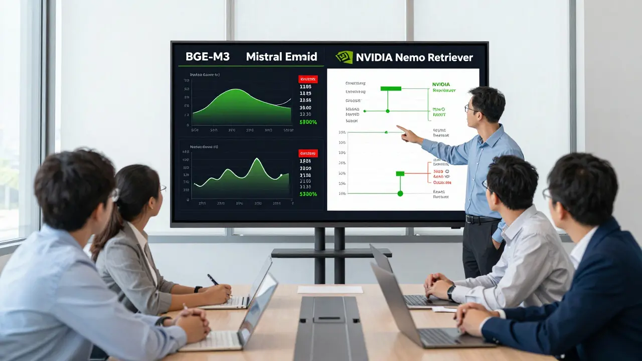 Team reviewing embedding model performance metrics on a large interactive display in a corporate office.