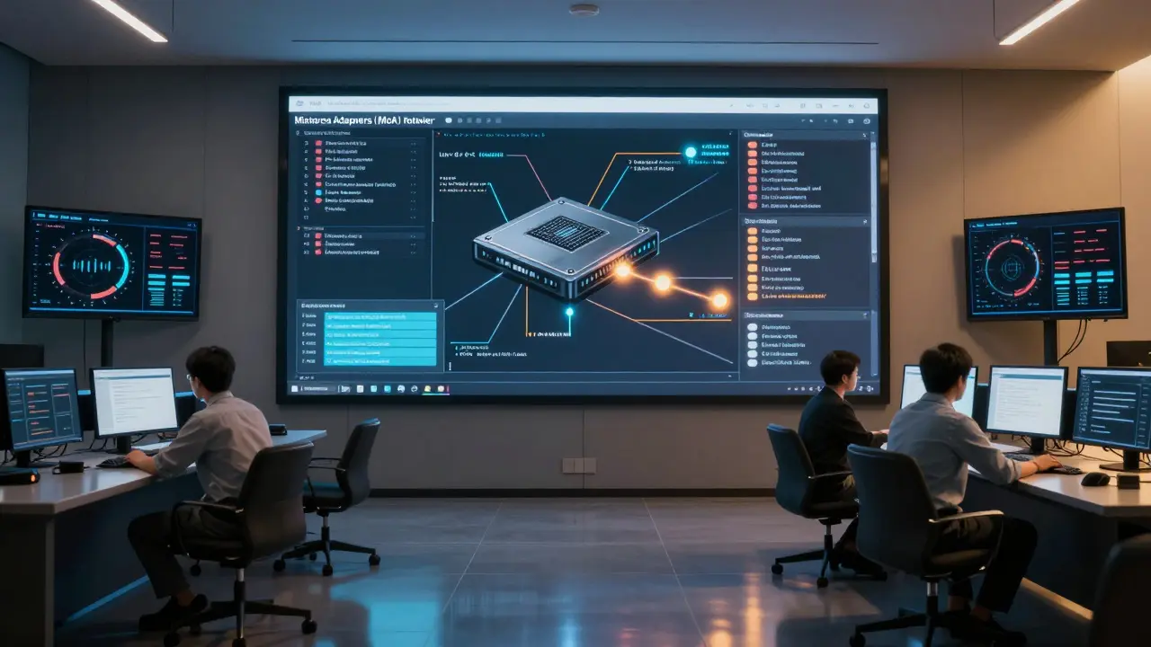 A control room screen displaying a router activating task-specific modules for financial and legal inputs.