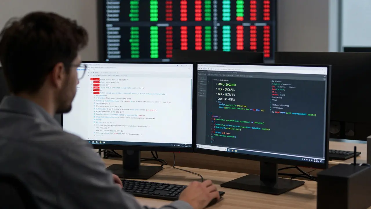 A cybersecurity analyst reviewing AI logs with automated encoding tags and access control indicators on dual monitors.