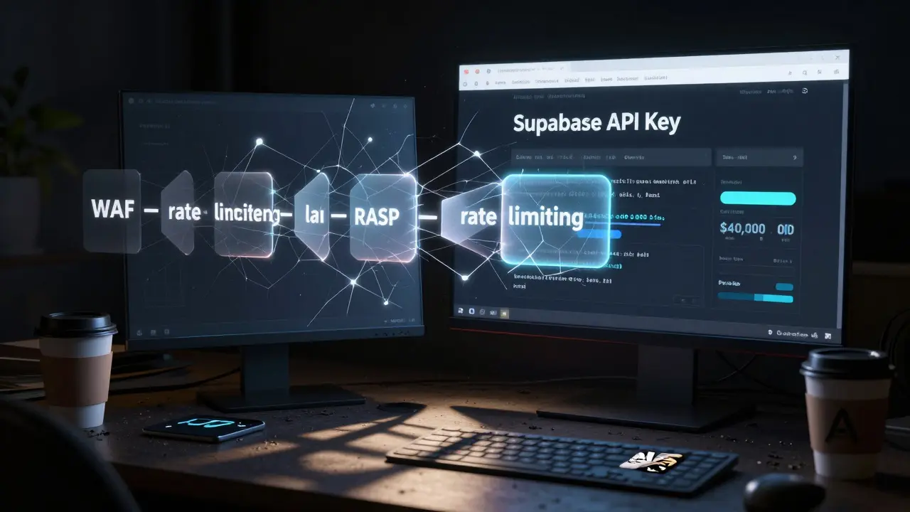 A dark web forum displaying a leaked API key and massive cloud bill, while protective layers shield a fracturing app.