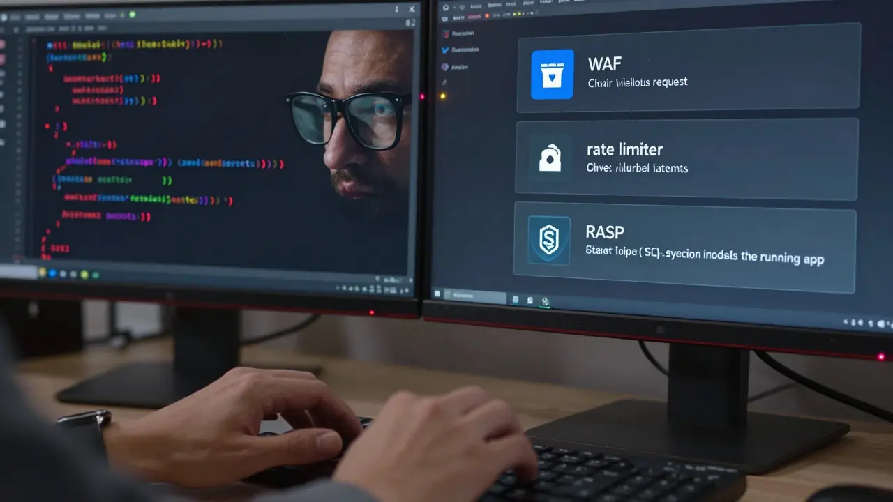 A developer's hands typing, with reflections showing AI-generated vulnerabilities and real-time security layers activating.