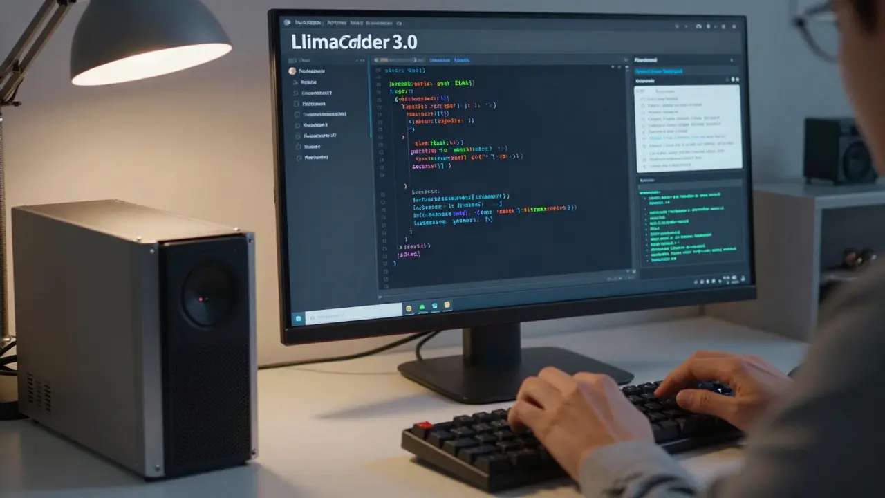 A developer works beside a laptop showing AI-generated HIPAA-compliant code, with encrypted data streams visible on the screen and an edge server nearby.