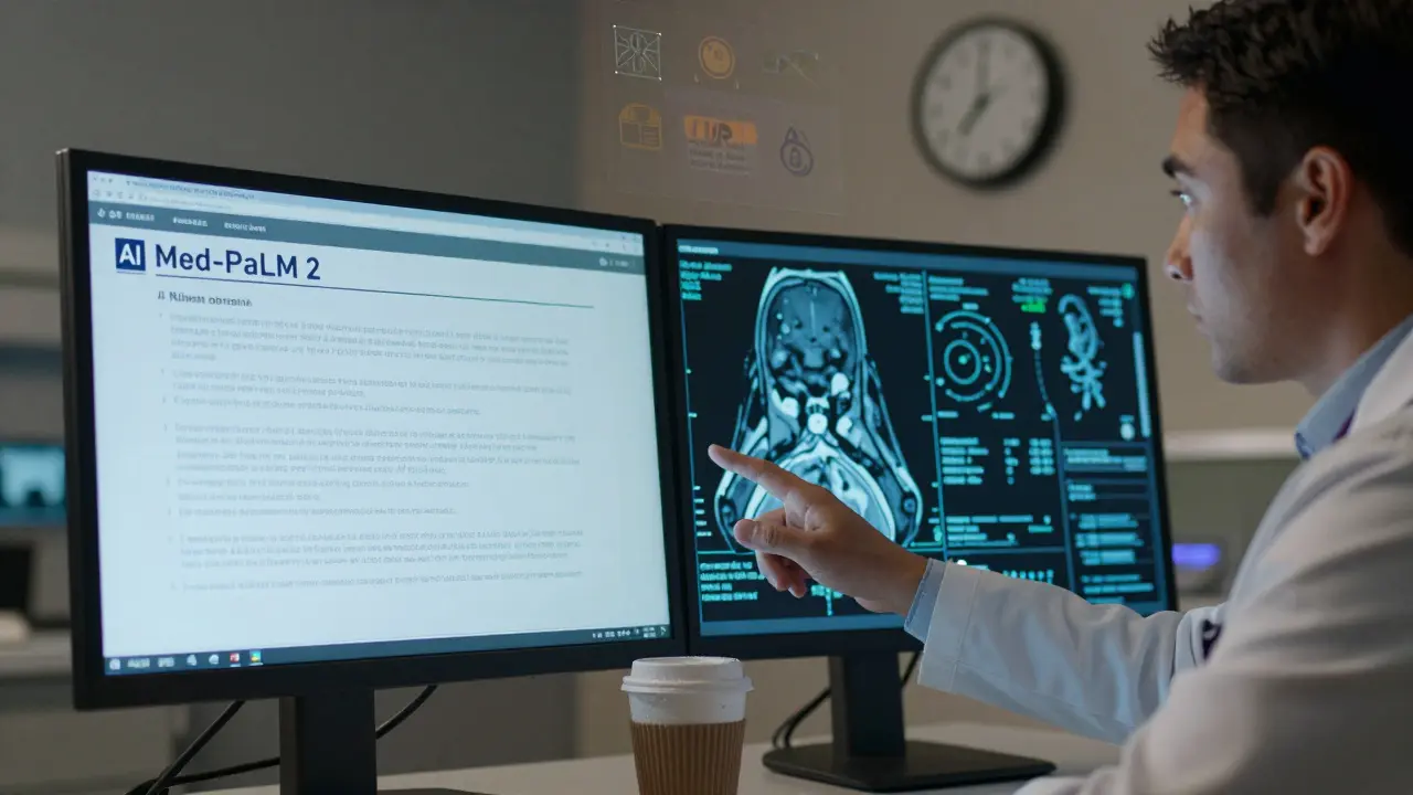 A doctor reviewing an AI-generated medical diagnosis on a touchscreen in a hospital control room.