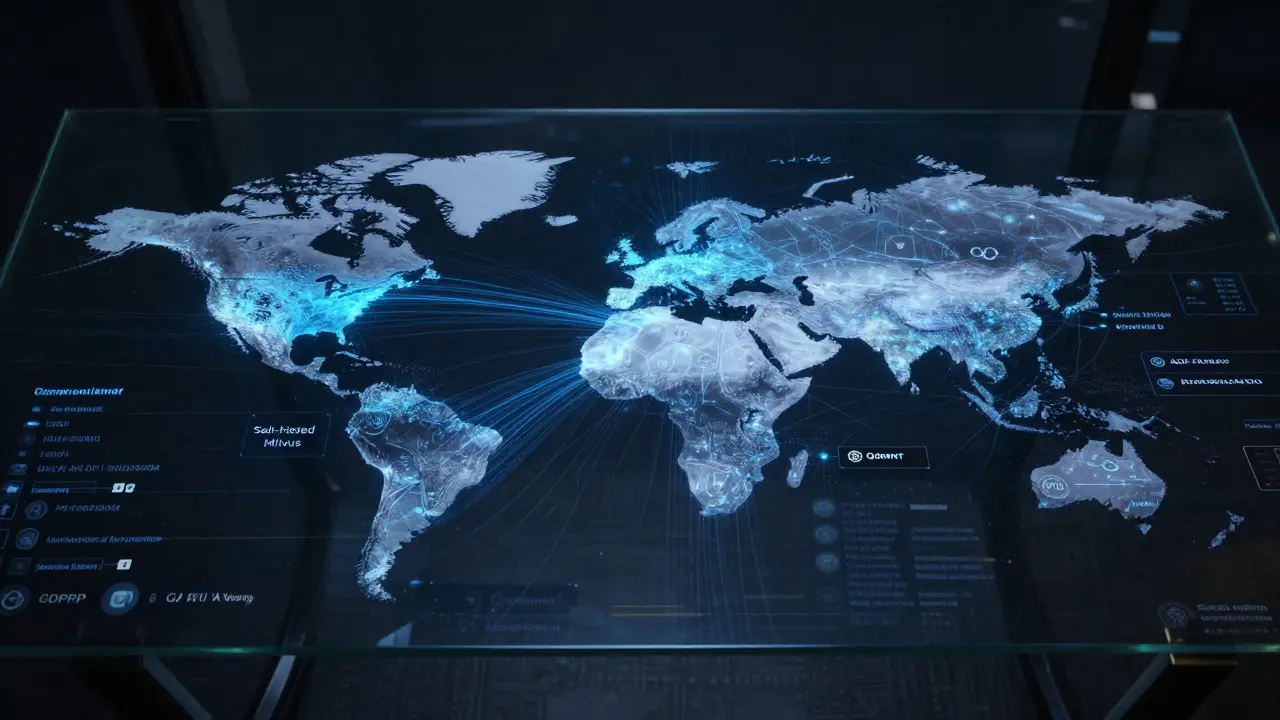 A global network map showing data flows to self-hosted databases while third-party API connections fade away.