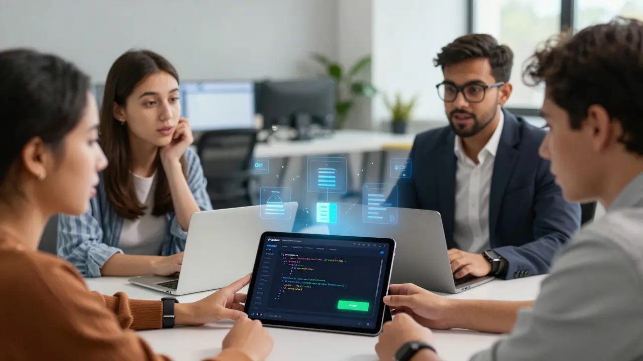 A group watching a tablet as Replit Agent builds an app in real time with glowing UI elements above the screen.